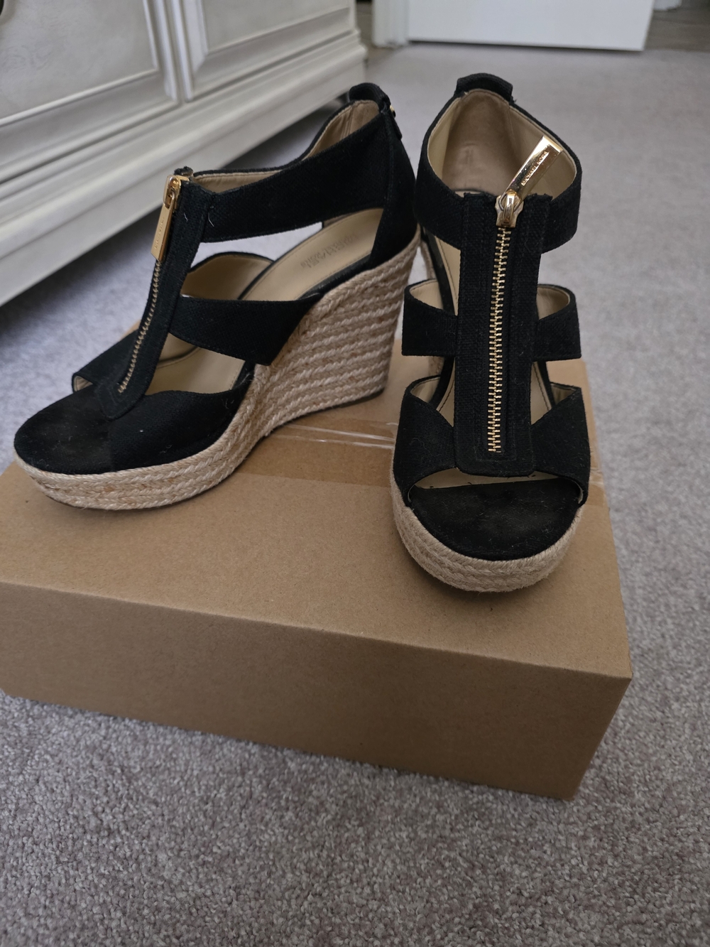 MK Black Suede Espadrille Wedge Sandals with Gold Zip